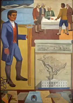 Colorful mural showing Banneker in various positions doing surveying work