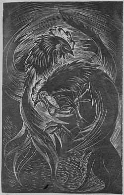 White scratch-through lines on black background of two fighting roosters with their bodies in roughly a figure-8 composition