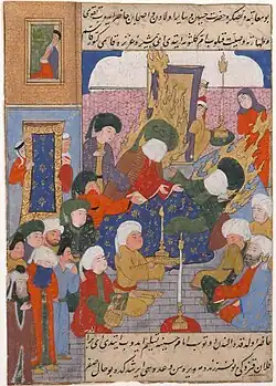 16th-century illustration with many men; Hasan and Husayn are veiled, with flaming halos