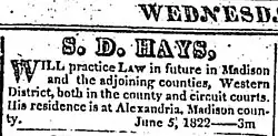 Newspaper clipping of "S. D. Hays" advertisement