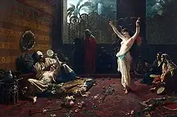 A painting depicting a harem woman performing with Chinese linking rings.