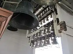 A collection of bells of various sizes in St. Michael's Golden-Domed Monastery in Kyiv
