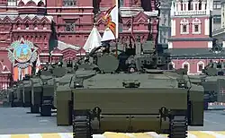 Kurganets-25 APC (front) and IFV (rear) variants during the parade