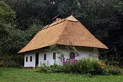 A traditional Ukrainian house with straw on its roof