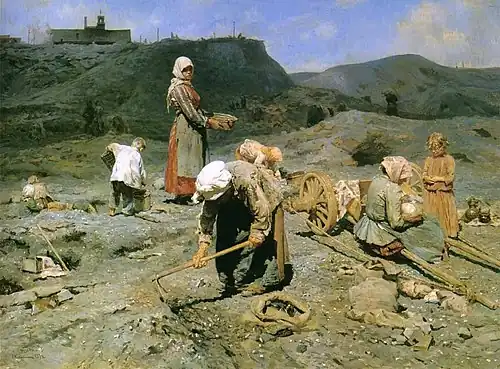 The Poor, Picking up Pieces of Coal; by Nikolay Kasatkin; 1894; oil on canvas; 80 x 107 cm; Russian Museum (Saint Petersburg, Russia)[222]