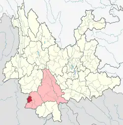 Location of Ximeng County (red) and Pu'er City (pink) within Yunnan