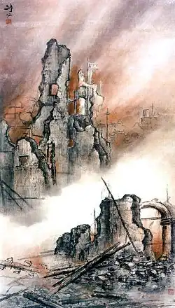 Flames on the Eastern Battlefront by Gao Jianfu, 1937 ink and colors on paper