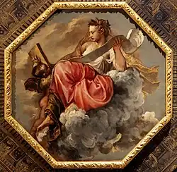 painting of allegorical female figure seated on cloud