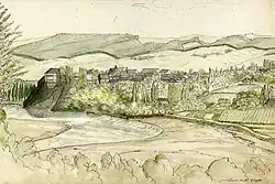 Jan Nepomucen Gniewosz&nbsp;[pl], Watercolor of Sanok from 1847, view from Biała Góra and Olchowce village