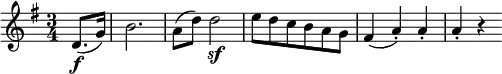 \relative d' {
\key g \major \time 3/4
\partial 4 d8.( \f g16) | b2. | a8( d) d2 \sf | e8 d c b a g)
fis4( a-.) a-. | a4-. r
}
