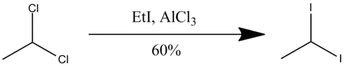 The preparation of 1,1-diiodoethane from gem-dihaloalkanes.