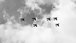 Several S.O. 4050 Vautour jets of Ramat David in formation over Haifa on Independence Day in 1963