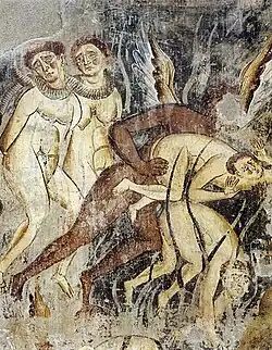 A mural depicting naked men, one of them captured by a winged figure at a firing place