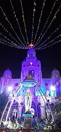 During the annual feast celebrations, flooded with lights ; 'Our Lady of Lourdes Shrine', Perambur, Chennai, Tamil Nadu, India