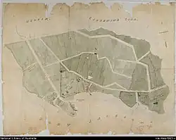 Earliest detailed map of Milsons Point (left) and Kirribilli Point (right): an 1840s subdivision map for the Estate of Robert Campbell. Improvements shown on the map are Milson's dairy and orchard located to the north of Milsons Point.[11]
