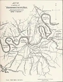 Hand-drawn map of bends in the Tennessee River and early stores, houses, and forts near Nashville