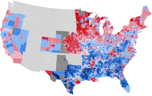 Results by county, shaded according to winning candidate's percentage of the vote