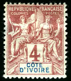 An 1892 4c stamp for Ivory Coast (Côte d'Ivoire) of the Navigation & Commerce key type series