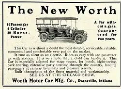 1907 Worth 16 passenger Model F car advertisement in Motor Magazine