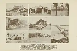 Eight images of impacts by a hurricane, including a church, railroad station, bridge, and a few businesses