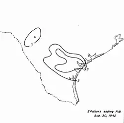 Black and white contoured map of precipitation, with contours representing 3&nbsp;in (76&nbsp;mm) intervals in rainfall.