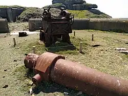 The remains of one of six 194&nbsp;mm guns on the island of Cézembre (France), destroyed by Allied bombing in August 1944.