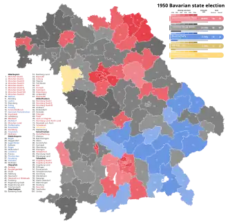 1950 Bavarian state election, Black is CSU, Red is SPD, Light blue is Bavaria Party
