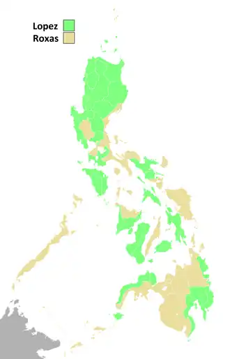 Provinces where Lopez won at least a plurality are in light green. The Marcoses supported Lopez in the election.