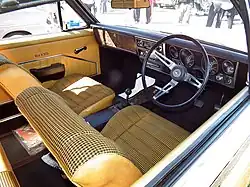 A car interior with houndstooth pattern upholstery