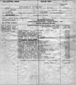 The shipping order of a 1973 Oldsmobile Toronado, listing factory installed options and select standard equipment