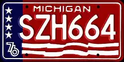 Special Michigan license plate design issued in honor of the bicentennial. Plates of this design were standard issue for all passenger cars registered in Michigan receiving new plates in 1976.