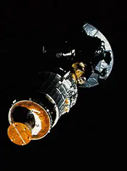 Galileo space probe mounted on a Inertial Upper Stage booster, prior to departure from Earth orbit in 1989