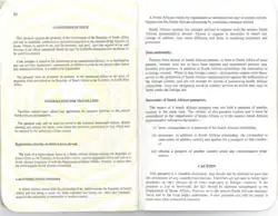 1995 South African Passport pages 40 and 41. Conditions of Issue, Information for Travellers and Caution notices.
