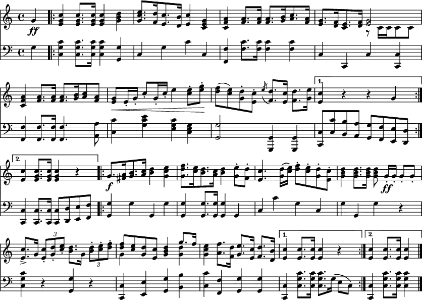 
\header { tagline = ##f }
\paper { paper-width = 230\mm }
\layout { indent = 0 \context { \Score \remove "Bar_number_engraver" } }

global = { \key c \major \time 4/4 \partial 4 }

top = \relative c'' { \global \set midiInstrument = "brass section"
  g4\ff | \repeat volta 2 { <c g e> <c g e>8. <c g e>16 <c g e>4 <d b g> |
  <e c g>8. [<d f,>16 <c e,>8. <b d,>16] <c e,>4 <g e c>|
  <a f c> <a f>8. <a f>16 <a f>8. [<b g>16 <c a>8. <a f>16] |
  <g e>8. [<f d>16 <e c>8. <f d>16] << { <g e>2 } \\ { r8 c,16 [c c8 c] } >> |
  <a' f c>4 <a f>8. <a f>16 <a f>8. [<b g>16 <c a>8 <a f>] |
  <g e>\< e16-. g-. c8-. g16-. c-. e4 <e c>8-. <g e>-.\! |
  <f d> (<e c>) <d g,>-. <c e,>-. \acciaccatura e8 <d f,>8. <c e,>16 <d f,>8. <e g,>16 | }
  \alternative { { <c e,>4 r r g } { <c e,>4 <c g e>8. <c g e>16 <c g e>4 r } }
  \repeat volta 2 { g8.\f [<a fis>16 <b g>8. <c a>16] <d b>4 <e c g> |
  <f d g,>8. [<e c>16 <d b>8. <c a>16] <d b>4 <e g,>8-. <d f,>-. |
  <c e,>4. <d g,>16 (<e c>) <f d>8-. <e c>-. <d g,>-. <c e,>-. |
  <d b g>4 <d b g>8. <d b g>16 <d b g>8 g,16-.\ff [g-.] g8-. g-. |
  <c e,>8.-> g16 \tuplet 3/2 { <c e,>8-. <d g,>-. <e c>-. } <d b>8. g,16 \tuplet 3/2 { <d' b>8-. <e c>-. <f d>-. } |
  << { <f d>8 <e c> <d g,> <c e,> <d b g>4 g8. f16 } \\ { g,4 s2 <d' g,>4 } >> |
  <e c g>4 <f a,>8. <d f,>16 <e g,>8. <c e,>16 <d f,>8. <b d,>16 | }
  \alternative { { <c e,>4 <c e,>8. <c e,>16 <c e,>4 r } { <c e,>4 <c e,>8. <c e,>16 <c e,>4 } } \bar "|."
}

bot = \relative c' { \global \set midiInstrument = "trombone"
  g4 | \repeat volta 2 { <c g c,> <c g c,>8. <c g c,>16 <c g c,>4 <g g,> | c, g' c c, |
  <f f,> <c' f,>8. <c f,>16 <c f,>4 <c f,> | c, c, c' <c c,> |
  <f f,> <f f,>8. <f f,>16 <f f,>4. <a a,>8 |
  <c c,>4 <e c g> <c g e> <g e c> | <g g,>2 <g, g,>4 <g g,> | }
  \alternative { { <c c,>8 <c' c,> <b b,> <a a,> <g g,> <f f,> <e e,> <d d,> }
    { <c c,>4 <c c,>8. <c c,>16 <c c,>8 <d d,> <e e,> <f f,> } }
  \repeat volta 2 { <g g,>4 g g, g' | <g g,> <g g,>8. <g g,>16 <g g,>4 g, | c c' g c, |
    g' g, g' r | <c g c,> r <g g,> r | <c, c,> <e e,> <g g,> <b b,> | <c c,> <f, f,> <g g,> <g g,> | }
    \alternative { { <c, c,> <c' g c,>8. <c g c,>16 <c g c,>8. g16 (e8 c) }
    { <c c,>4 <c' g c,>8. <c g c,>16 <c g c,>4 } }
}

\score {
  <<
    \new Staff \top
    \new Staff { \clef bass \bot }
  >>
  \layout { }
}
\score { \unfoldRepeats { << \top \\ \bot >> }
  \midi { \tempo 4=120
    \context { \Score midiChannelMapping = #'instrument }
    \context { \Staff \remove "Staff_performer" }
    \context { \Voice \consists "Staff_performer" }
  }
}

