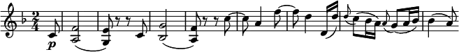 { \relative c' { \key f \major \time 2/4
\partial 8 c8 \p | <f a,>2( | <e g,>8) r r c | <g' bes,>2( | <f a,>8) r r c'~ | c8 a4 f'8~ | f8 d4 d,16( d') |
\appoggiatura d8 c8( bes16 a) \appoggiatura a8 g8( a16 bes) | bes4( a8) }}