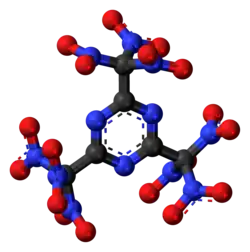 Ball-and-stick model of the 2,4,6-tris(trinitromethyl)-1,3,5-triazine molecule