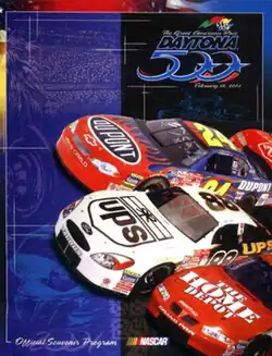 The program for the 2001 Daytona 500, featuring the cars of Jeff Gordon, Dale Jarrett, and Tony Stewart.