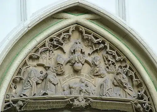 16th-century iconoclasm in the Protestant Reformation. Relief statues in St. Stevenskerk in Nijmegen, Netherlands, were attacked and defaced by Calvinists in the Beeldenstorm.[36][37]