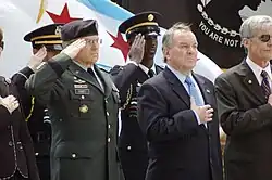 Chief of Staff of the United States Army Gen. George W. Casey, Jr. and Chicago Mayor Richard M. Daley recite the Pledge of Allegiance during May 24, 2008 Memorial Day wreath-laying ceremony at Daley Plaza.