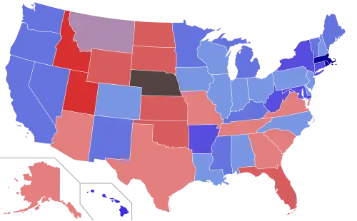 Lower house seats by party holding majority in each state Republican 50–60% 60–70% 70–80% 80–90% 90–100% Democratic 50–60% 60–70% 70–80% 80–90% 90–100%