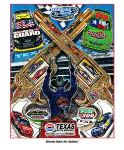 The 2010 Samsung Mobile 500 program cover, with artwork by former NASCAR artist Sam Bass. The painting is called “Gimme Back My Bullets!”