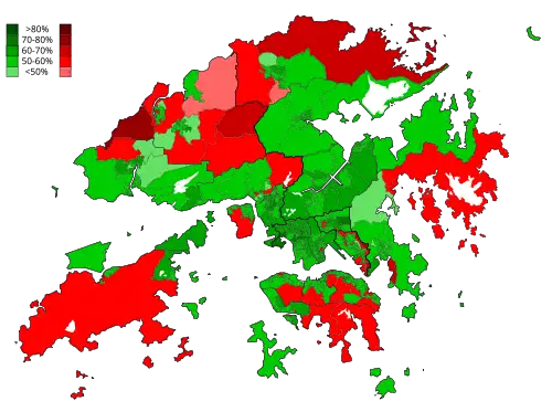 Popular votes by District Council constituency. Red represents Pro-Beijing camp gained most votes and green the Pro-democracy camp. Pro-Beijing remained stronghold in the rural areas in Ha Tsuen, Pat Heung, Sai Kung District, Sha Tau Kok, Ta Kwu Ling and Lamma Island. Some urban areas in Mid-Levels, North Point, Chai Wan, Wong Tai Sin, Sau Mau Ping, Yau Tong and Shek Wai Kok showed more support for the Pro-Beijing camp. Pro-democracy camp grabbed majority of the votes in the rest areas.