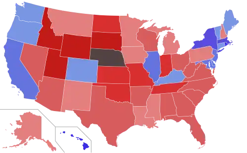 Lower house seats by party holding majority in each state Republican&nbsp;&nbsp;50–60%&nbsp;&nbsp;60–70%&nbsp;&nbsp;70–80%&nbsp;&nbsp;80–90%&nbsp;&nbsp;90–100% Democratic&nbsp;&nbsp;50–60%&nbsp;&nbsp;60–70%&nbsp;&nbsp;70–80%&nbsp;&nbsp;80–90%&nbsp;&nbsp;90–100%