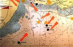 Bay of Lübeck (Baltic Sea): positions of S.S. Cap Arcona, S.S. Thielbek, and S.S. Deutschland prison ships, April 1945.