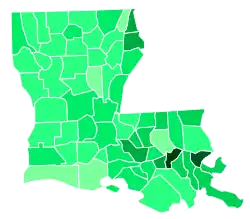 Support for Edwards by parish: &nbsp;&nbsp;>7% &nbsp;&nbsp;6–7% &nbsp;&nbsp;4–5% &nbsp;&nbsp;3–4% &nbsp;&nbsp;2–3% &nbsp;&nbsp;1–2% &nbsp;&nbsp;<1%