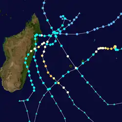 Map plotting the track and the intensity of Tropical Storm Eliakim and cyclones Ava, Berguitta, Dumazile, and Fakir near Réunion, according to the Saffir–Simpson scale