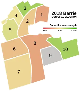 A map of Barrie with each of the 10 wards labelled and coloured according to the data listed below