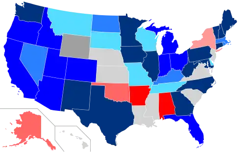Net changes to lower house seats after the 2018 elections &nbsp;&nbsp;&nbsp;&nbsp;&nbsp;+1 Dem seat &nbsp;&nbsp;&nbsp;&nbsp;&nbsp;+2 Dem seats &nbsp;&nbsp;&nbsp;&nbsp;&nbsp;+3–5 Dem seats &nbsp;&nbsp;&nbsp;&nbsp;&nbsp;+6–61 Dem seats &nbsp;&nbsp;&nbsp;&nbsp;&nbsp;+1 Rep seat &nbsp;&nbsp;&nbsp;&nbsp;&nbsp;+2 Rep seats &nbsp;&nbsp;&nbsp;&nbsp;&nbsp;+5 Rep seats &nbsp;&nbsp;&nbsp;&nbsp;&nbsp;+1 Ind seat