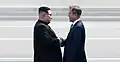 Chairman Kim shakes hands with South Korean President Moon Jae-in at the Joint Security Area of the Korean Demilitarized Zone, April 27, 2018