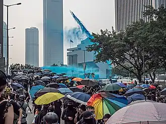 Water cannon trucks were deployed near the Central Government Headquarters.